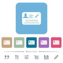 Vaccination certification flat icons on color rounded square backgrounds