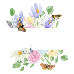 Watercolor floral frame illustration with crocus and eucalyptus, lavender, green leaves, for wedding stationery, greeting card, baby shower, banner, logo design.