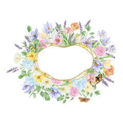 Watercolor floral frame illustration with hydrangea, rose and lavender, green leaves, for wedding stationery, greeting card, baby shower, banner, logo design.