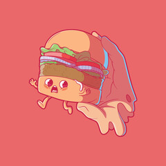 Burger squeezed by hand vector illustration. Funny, food, mascot design concept.