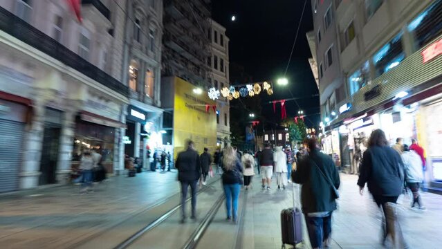 istanbul city center night time illumination famous crowded street walking panorama 4k timelapse turkey 