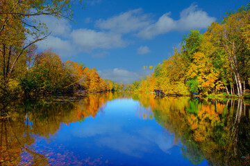 Fototapeta na wymiar Autumn forest lake water landscape, 