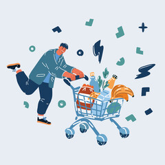 Vector illustration of Happy young man running with a full shopping cart