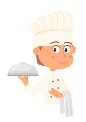 Boy in cooking hat serving food. Kid chef mascot