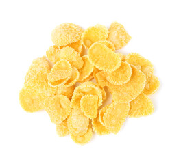 Pile of tasty cornflakes on white background, top view. Healthy breakfast cereal