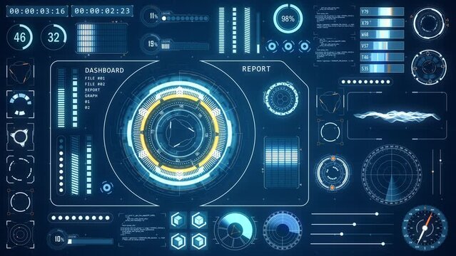 Motion graphic of Blue head up display ( HUD UI ) technology interface screen with futuristic elements graph and chat panel abstract background	