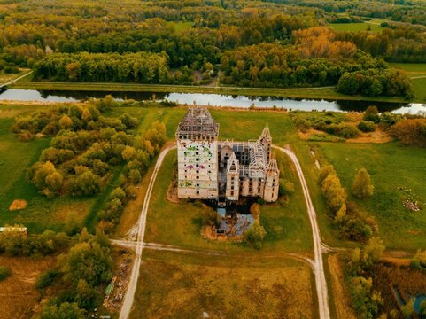 Aerial drone view of the modern ruin of the Castle Almere, in the Netherlands.