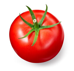 Tomato isolated. Tomato on white background. One tomato top view. With clipping path. Full depth of field.