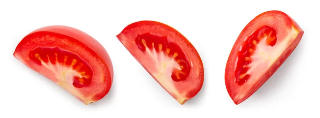 Fotobehang Tomato slice isolated. Tomato slices top view on white background. Set of tomato pieces with clipping path. © MarcoFood