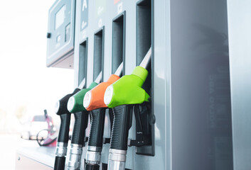 Detail of fuel pumps in european gas station - obrazy, fototapety, plakaty