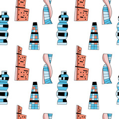 Skyscrapers doodle seamless pattern. Minimalistic illustration in flat style with modern architecture in color on white background. Hand drawn buildings.