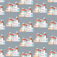 Fototapeta na wymiar Seamless pattern with medical drugs on a gray background.Pharmacy, healthcare concept. For the design of backgrounds, wallpapers, etc. Vector