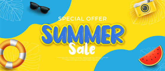 Realistic banner composition of summer sale illustration - obrazy, fototapety, plakaty
