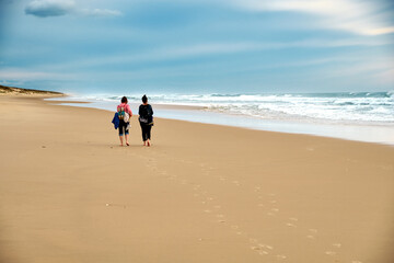 Couple of women walking along the deserted beach