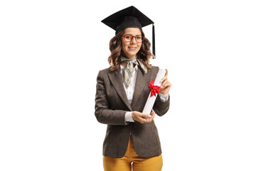 Bachelor female student with a graduation hat holding a diploma