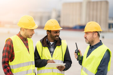 Multiracial container workers using walkie-talkie and tablet to check work on container loading, import and export concept.