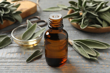 Essential sage oil and twigs on grey wooden table