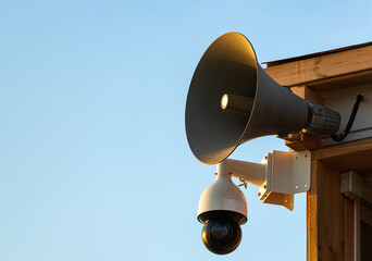 Camera, loudspeaker on a wall of a building against blue sky. CCTV security video camera with...