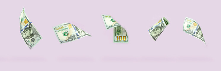 Flying 100 American dollars banknotes, on pink background. Hundred dollar bill. Falling money on pink background. American cash.