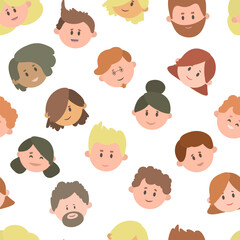 Seamless pattern with peoples faces. Cartoon different men and women. Cartoon characters. Vector illustration