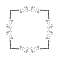Abstract Black Simple Line Suqare With Leaf Leaves Frame Flowers Doodle Outline Element Vector Design Style Sketch Isolated Illustration For Wedding And Banner