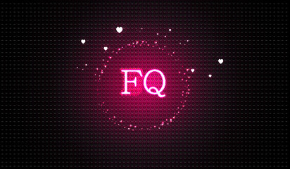 FQ logo and facebook cover photo with pink and magenta glowing hearts and gradient