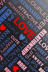 Love word collage on black background text pattern words message gift wrap anniversary or birthday or marriage card couple relationship honeymoon heart passion element vector