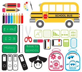 Special back to school icons set flat symbol and sign design vector including bus water color pencil ruler scissor file box boy and girl bag eraser certificate chart calculator  black board