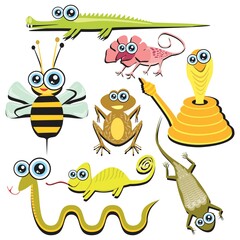Funny cartoon animals stickers set with unique eye style including bee lizard crocodile frog snake and chameleon also it can be used for words kid education vector illustration isolated objects