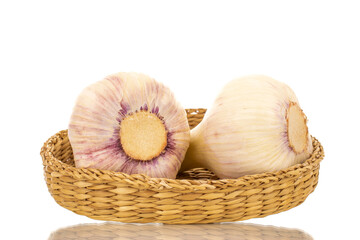 Two heads of early garlic with a straw plate, close-up, isolated on a white background.