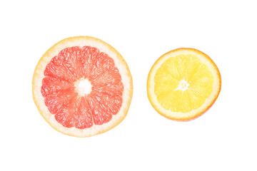 Summer coral grapefruit and orange slice. Isolated white background. Citrus food diet. Fruit round juicy concept. Modert sweet cut photography. Bright color