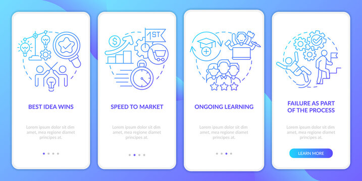Innovative culture rules blue gradient onboarding mobile app screen. Walkthrough 4 steps graphic instructions pages with linear concepts. UI, UX, GUI template. Myriad Pro-Bold, Regular fonts used