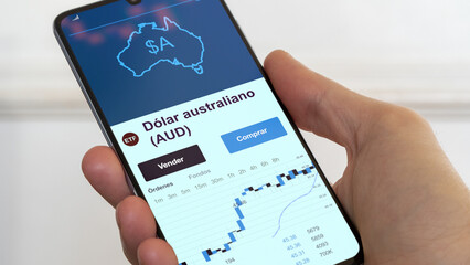 Fondo etf de inversión negociado en bolsa mundial, datos del mercado de valores en el teléfono. Análisis de negocios de una tendencia ETF. dólares, mercado australiano. Texto en español	