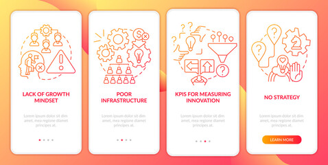 Innovation management barriers red gradient onboarding mobile app screen. Walkthrough 4 steps graphic instructions pages with linear concepts. UI, UX, GUI template. Myriad Pro-Bold, Regular fonts used
