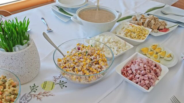 Traditional Polish Easter Celebration Table Setting With Zurek West Slavic Fermented Cereal White Borscht Soup Salad Dish Cottage Chopped Cheese Ham Eggs