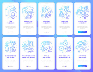 Naklejka premium Manage new ideas process blue gradient onboarding mobile app screen set. Walkthrough 5 steps graphic instructions pages with linear concepts. UI, UX, GUI template. Myriad Pro-Bold, Regular fonts used