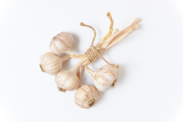 A bunch of garlic isolated on a white background. Close-up, top view.