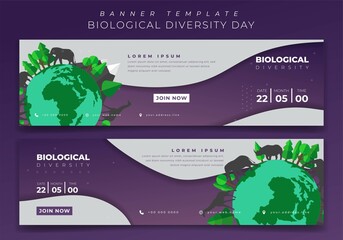 Purple and white web banner template design with wildlife design for biodiversity day