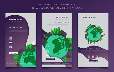 Social media post template with wildlife design in purple white background for biodiversity