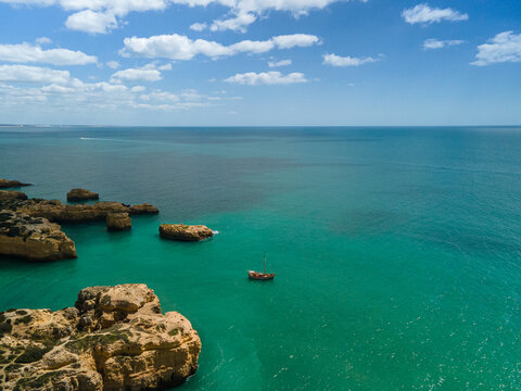 Aerial seascape of Algarve coast  a popular beach destination . Portugal.