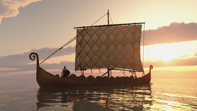 Wikingerschiff bei Sonnenuntergang