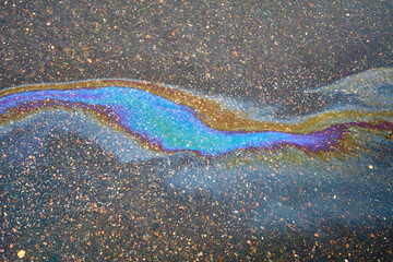 oil stain on the asphalt road after rain