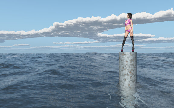 Attraktive Frau auf einer Säule im offenen Meer