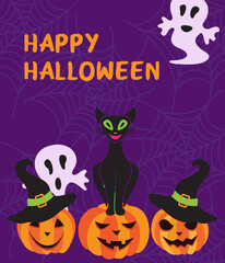 Happy Halloween vector illustration with a black cat sitting on a pumpkin, hat and ghosts. Happy Halloween greeting card