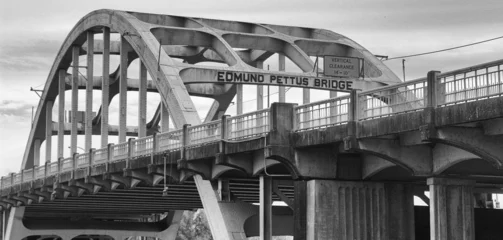 Fotobehang Closeup of Edmund Pettus Bridge in Selma, Alabama in grayscale © Nate Blunt/Wirestock Creators