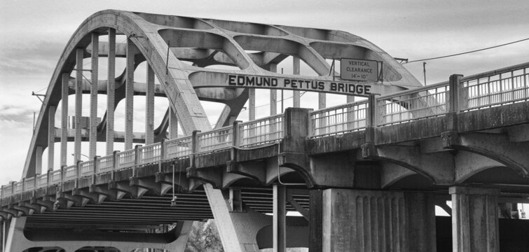 Closeup of Edmund Pettus Bridge in Selma, Alabama in grayscale