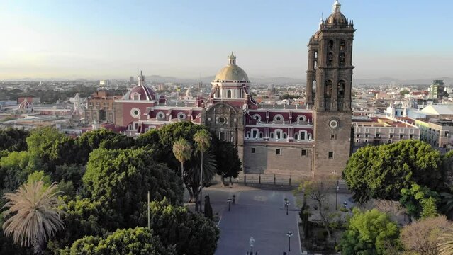 Cathedral de Puebla aerial drone shot of Central Iglesia in Puebla de Zaragoza, Mexico, Zocalo square