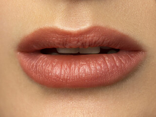 Fototapeta premium Closeup plump Lips. Lip Care, Augmentation, Fillers. Macro photo with Face detail. Natural shape with perfect contour. Close-up perfect natural lip makeup beautiful female mouth. Plump sexy full lips