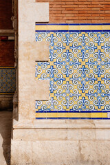 Tiled facade with geometric elements in the Central Market of Valencia, Spain.