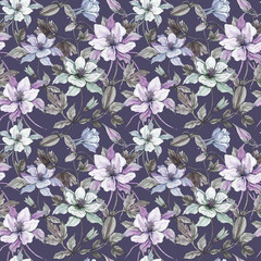 Beautiful exotic columbine flowers or aquilegia and leaves on gray background. Watercolor painting. Tropical seamless floral pattern. Design for fabric, wallpaper, bed linen